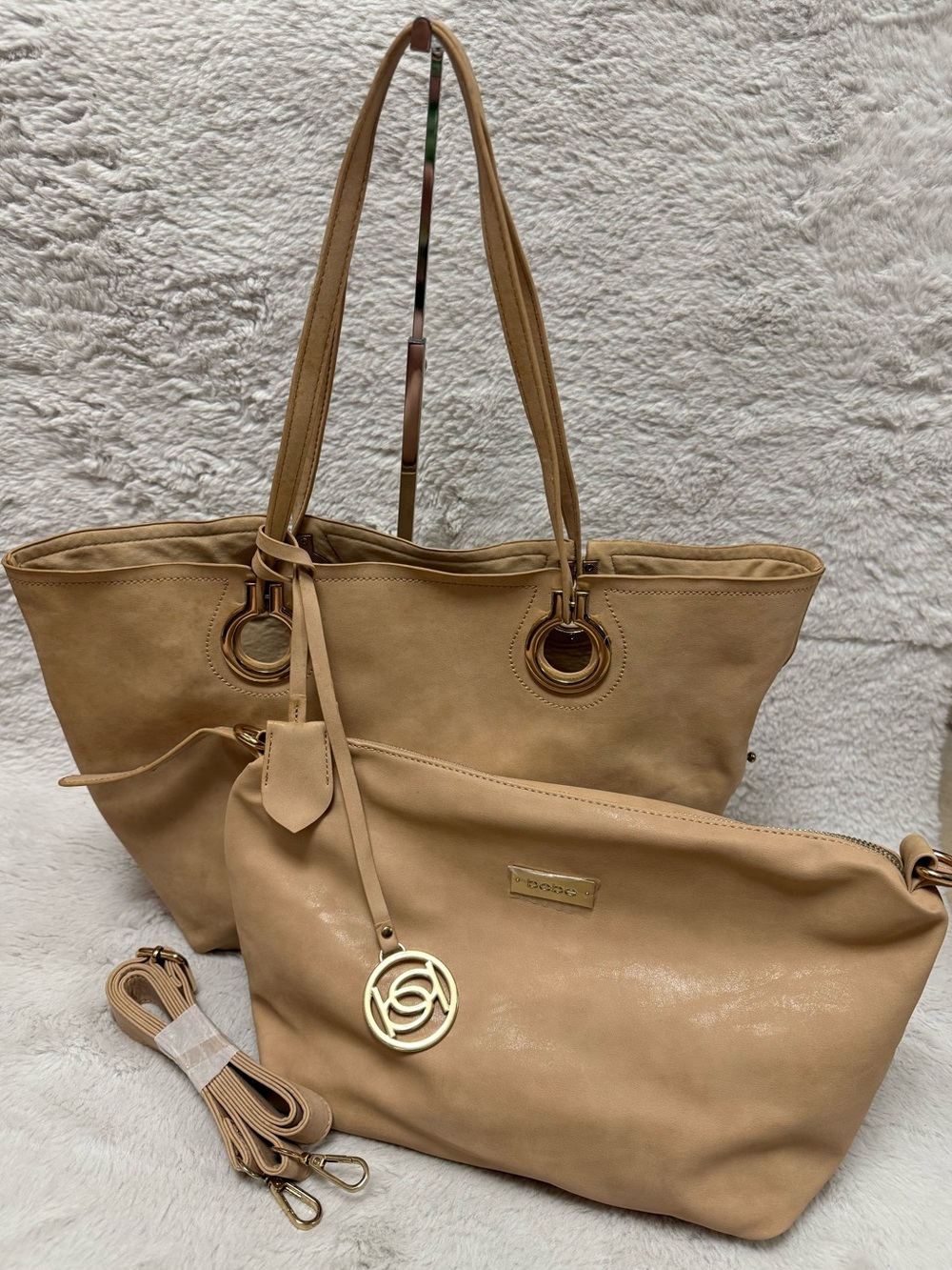bebe 2 in 1 Beige Tote with Gold-Tone Accents